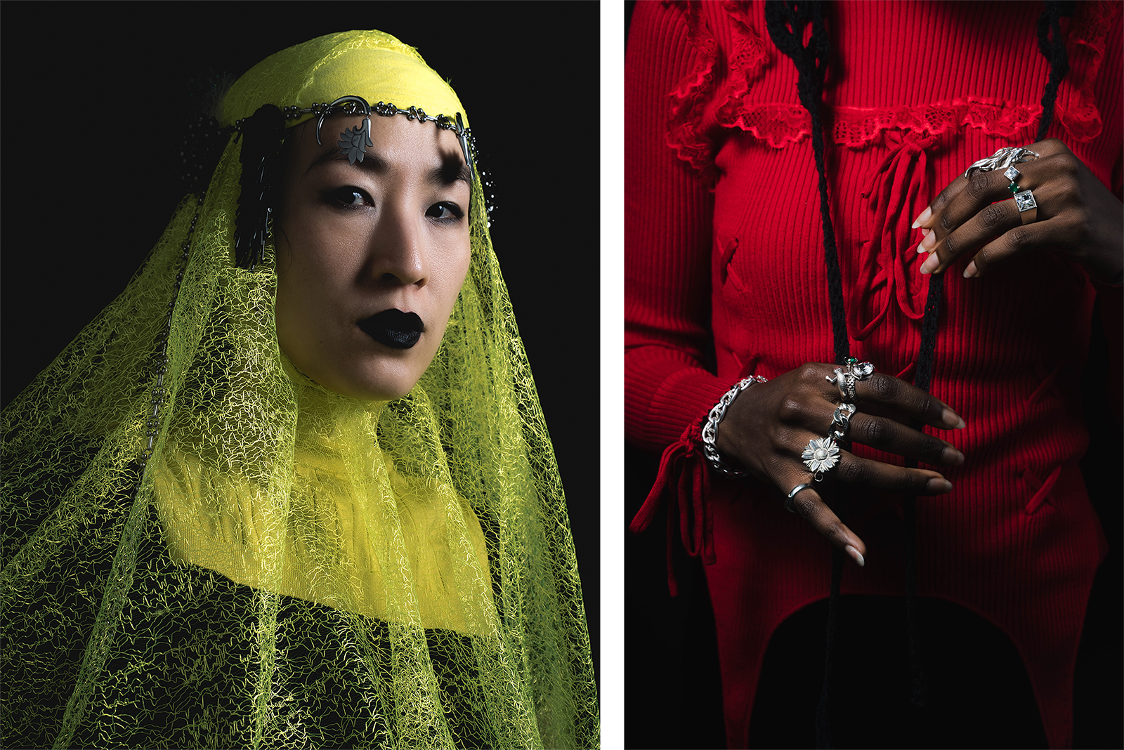 Two photo portraits of 33EMYBW and MAHA. Both are a close ups and they are sitting in front of a black background. 33EMYBW is looking straight into the camera. She wears a neon green lace veil and black lipstick. MAHA's photo is a close up of her hands. She wears a red dress and she wears several silver rings on both hands.